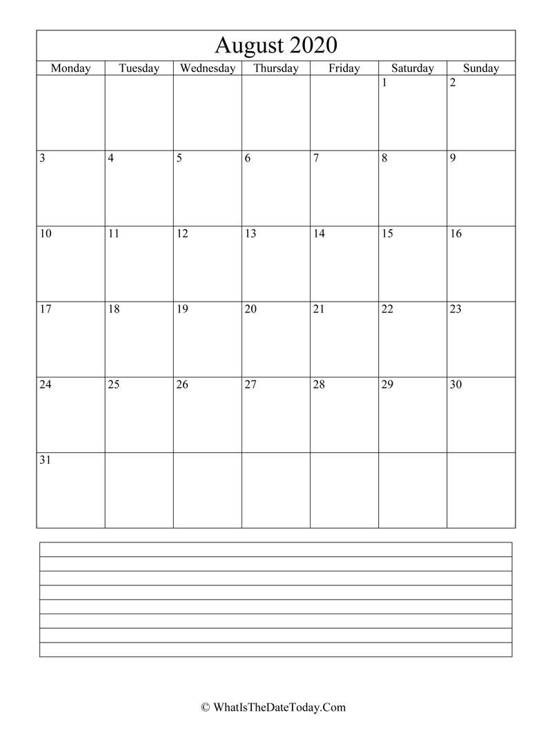 august 2020 calendar editable with notes in vertical layout