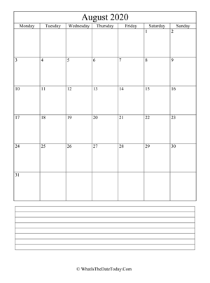 august 2020 calendar editable with notes