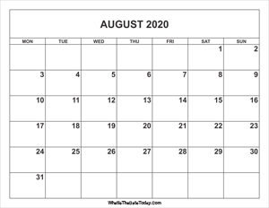 august 2020 calendar
