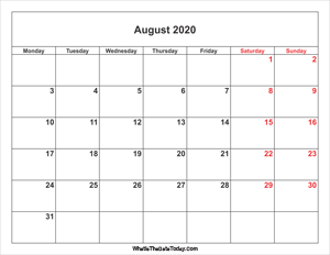 august 2020 calendar with weekend highlight