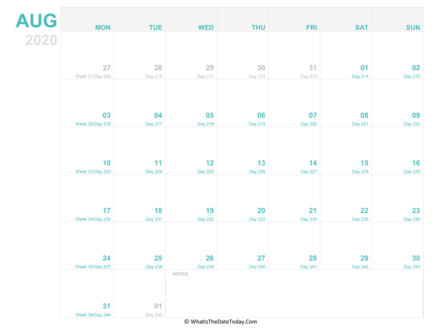 august 2020 Editable Calendar