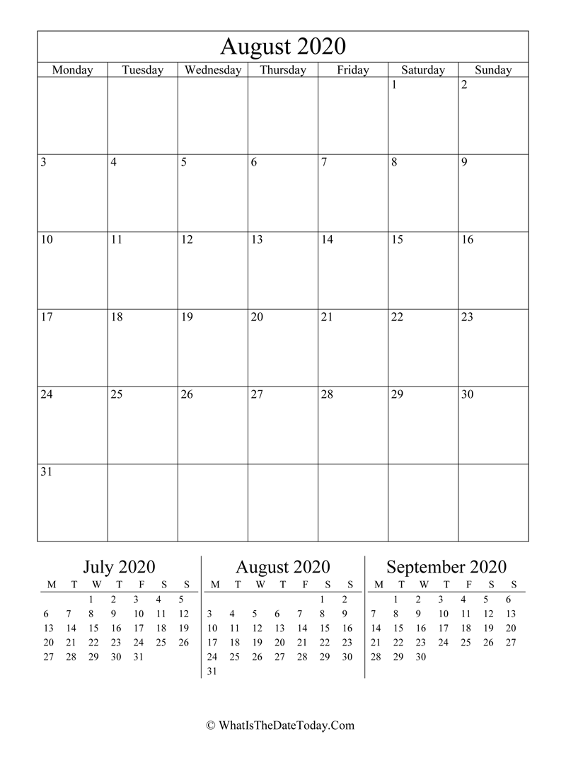 august 2020 editable calendar with three mini calendars in vertical layout
