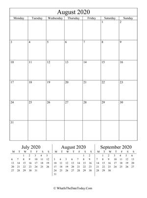 august 2020 editable calendar (vertical) with three mini months