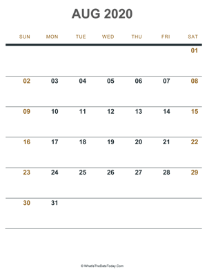 august 2020 printable calendar