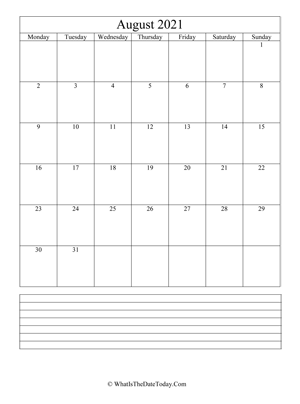 august 2021 calendar editable with notes