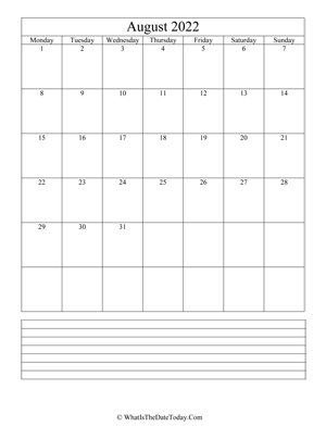 august 2022 calendar editable with notes