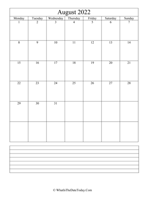 august 2022 calendar editable with notes (vertical)