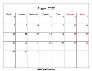 august 2022 calendar with weekend highlight