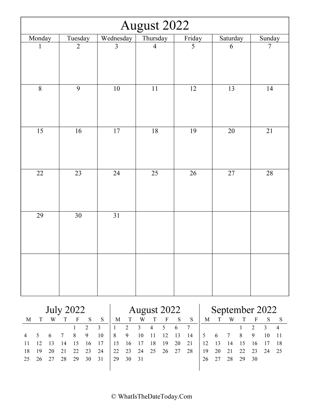 august 2022 editable calendar with three mini calendars in vertical layout