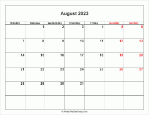 august 2023 calendar with weekend highlight