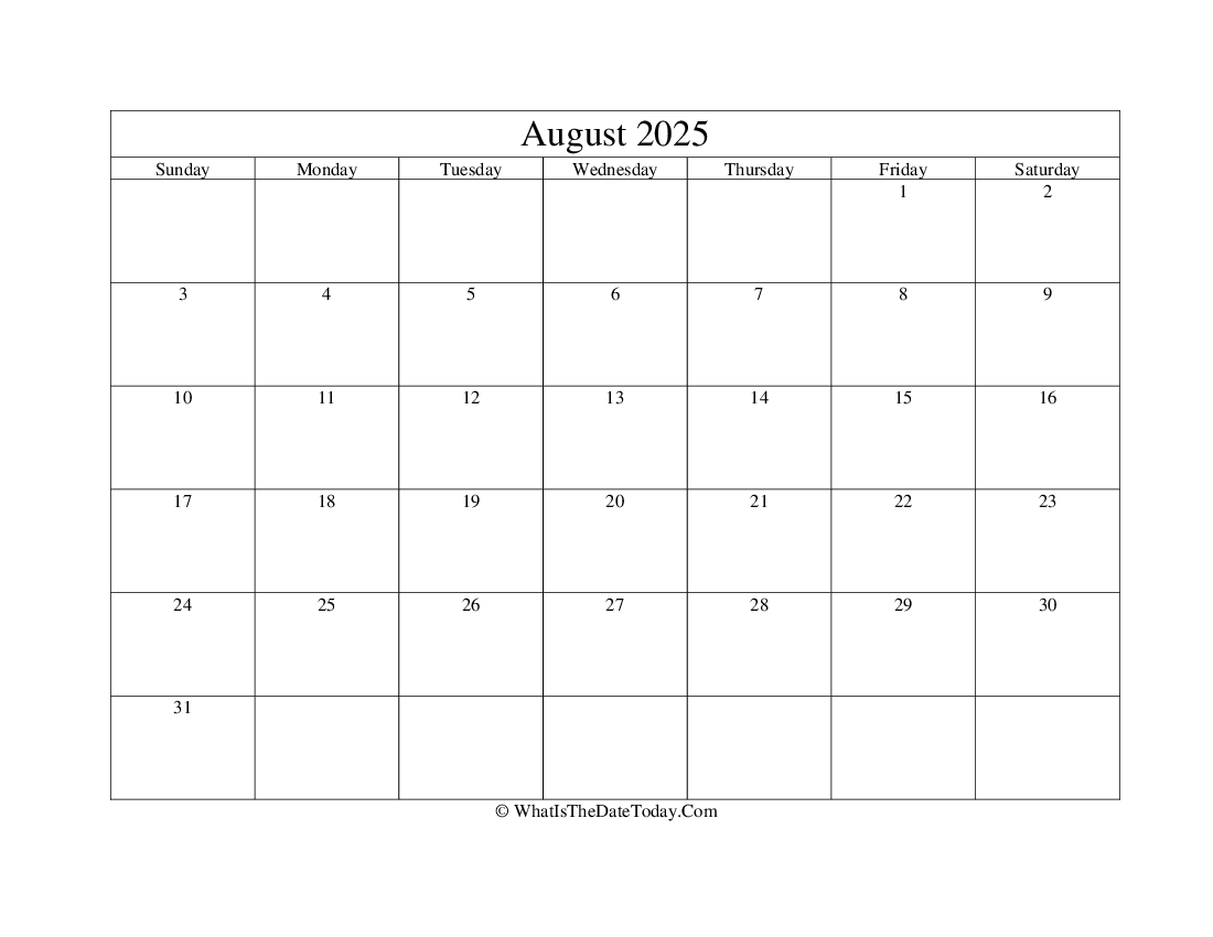 august 2025 Editable Calendar