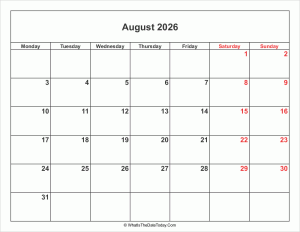 august 2026 calendar with weekend highlight