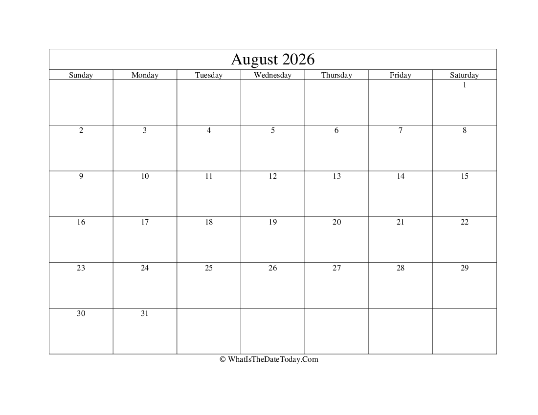 august 2026 Editable Calendar
