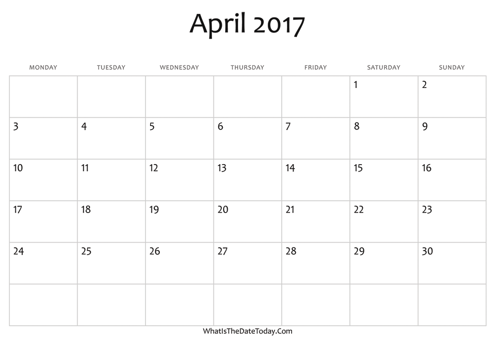 blank april calendar 2017 editable