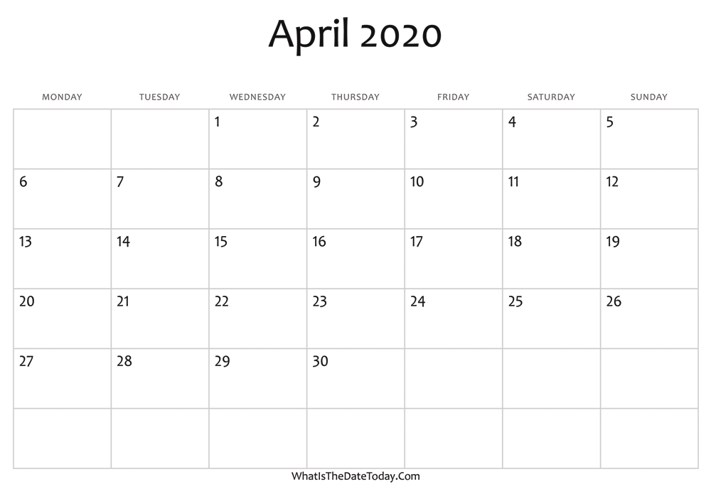 blank april calendar 2020 editable