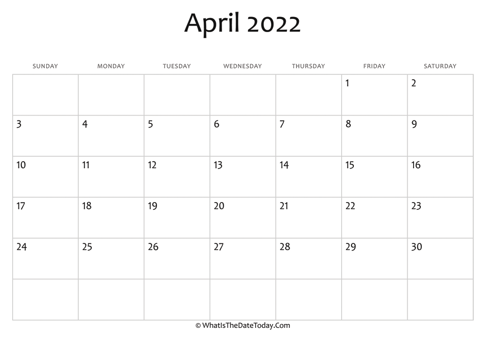blank april calendar 2022 editable
