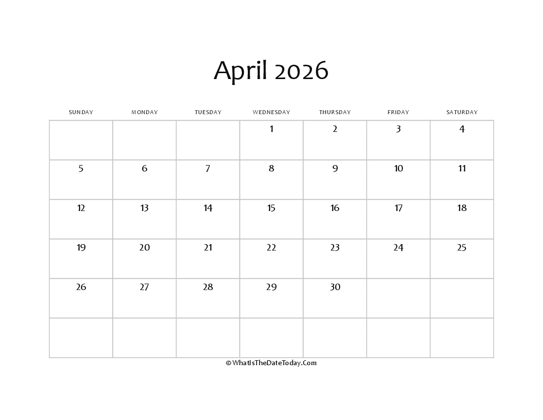 blank april calendar 2026 editable