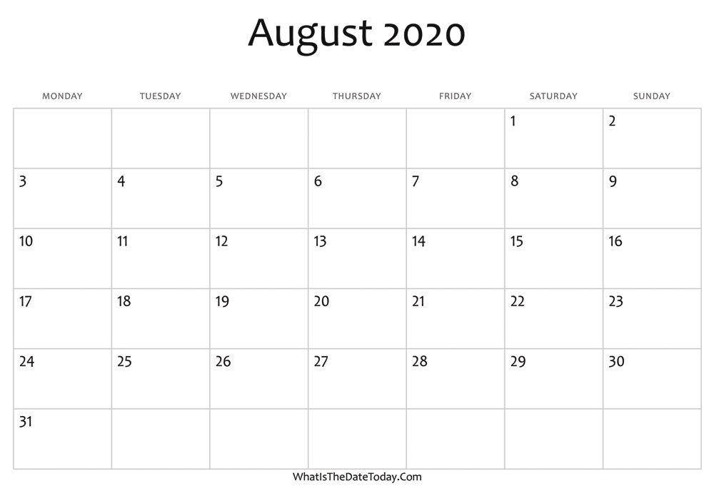 blank august calendar 2020 editable