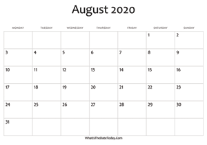 blank august calendar 2020 editable