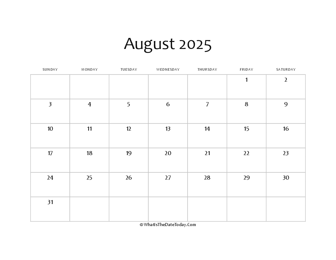 blank august calendar 2025 editable