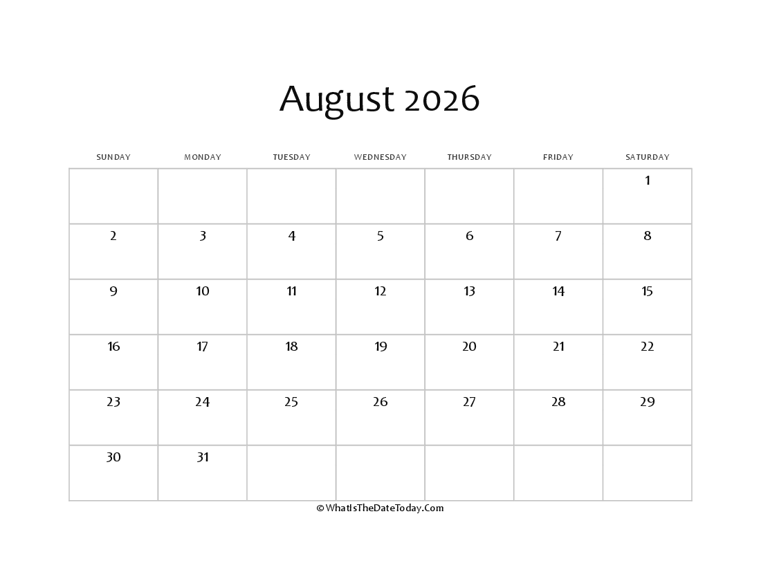 blank august calendar 2026 editable