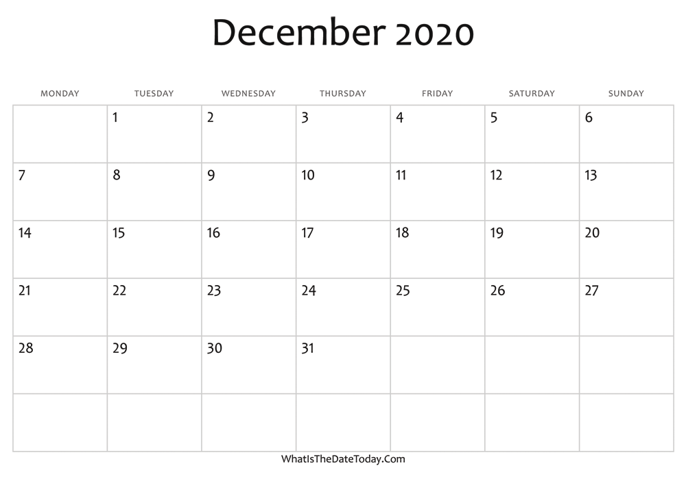 blank december calendar 2020 editable