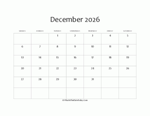 blank december calendar 2026 editable