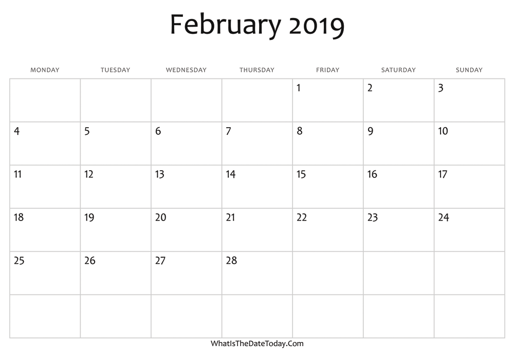 blank february calendar 2019 editable