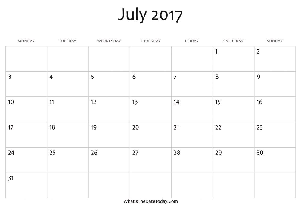 blank july calendar 2017 editable