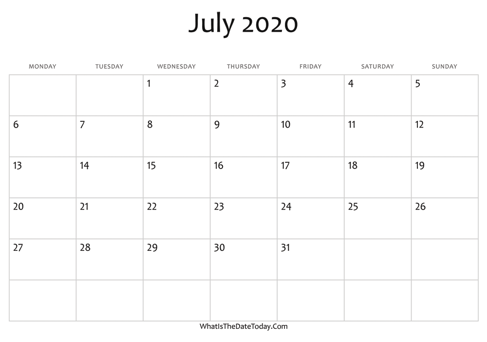 blank july calendar 2020 editable