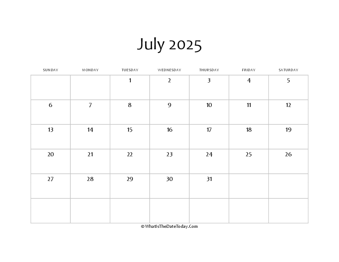 blank july calendar 2025 editable
