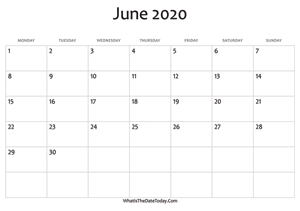 blank june calendar 2020 editable