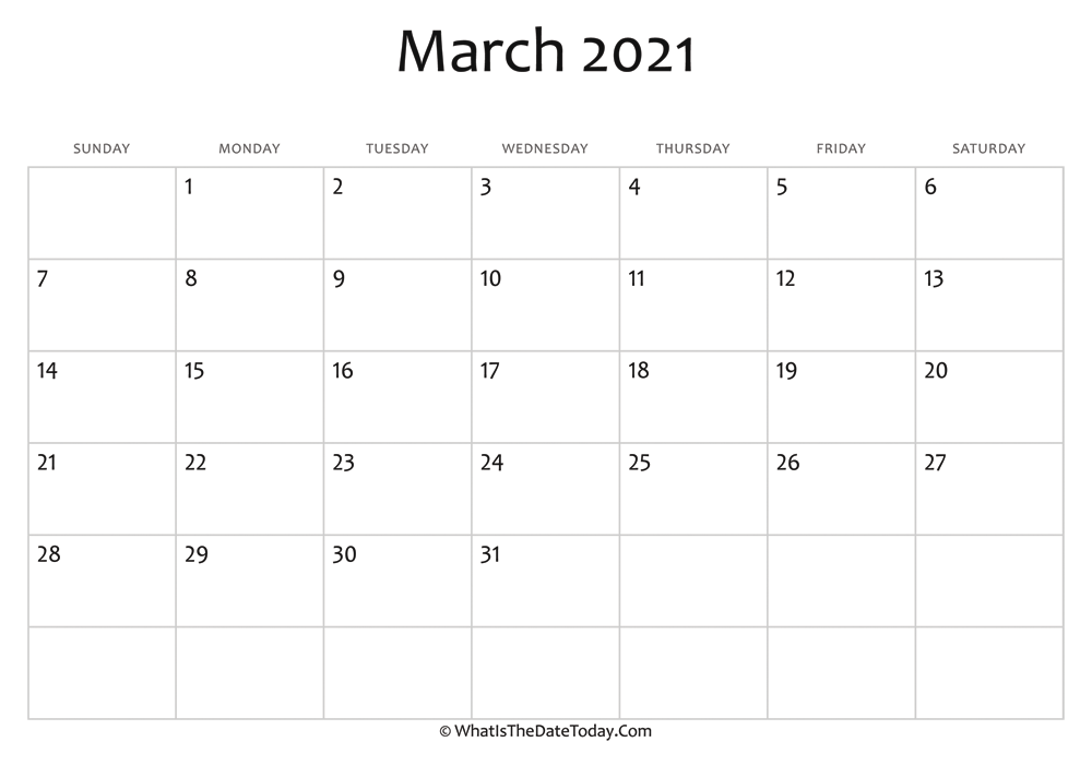 blank march calendar 2021 editable