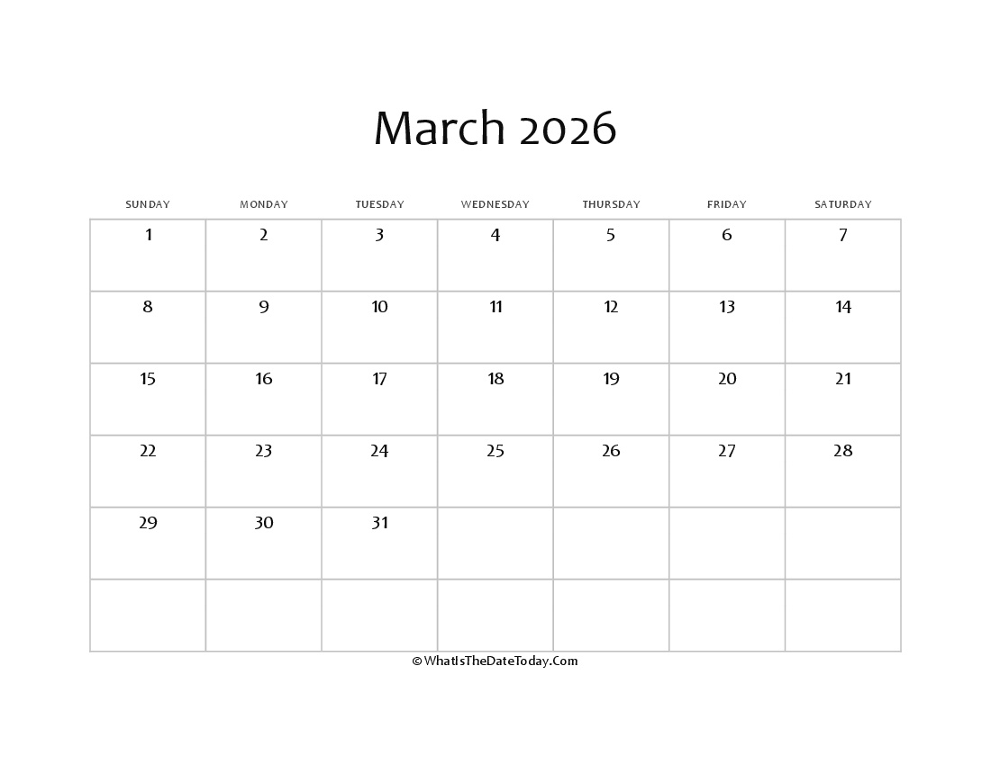 blank march calendar 2026 editable