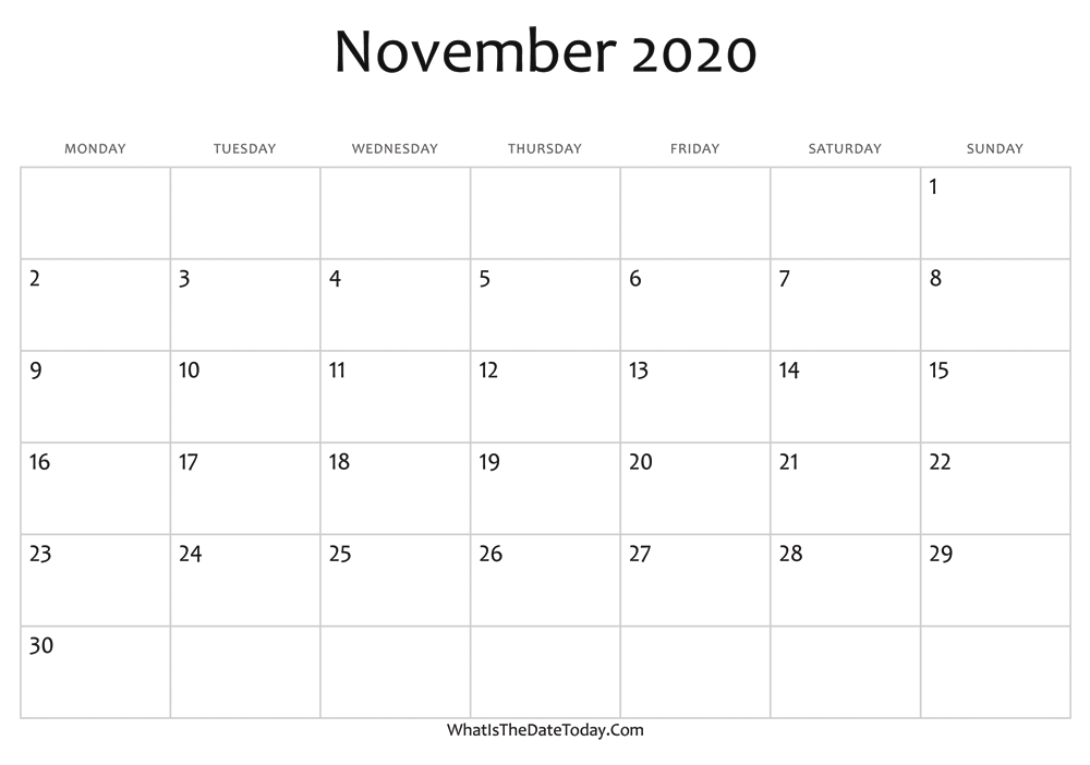 blank november calendar 2020 editable