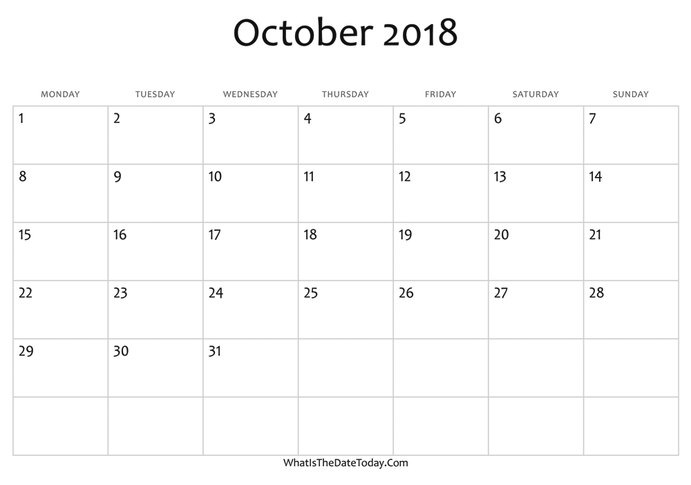blank october calendar 2018 editable