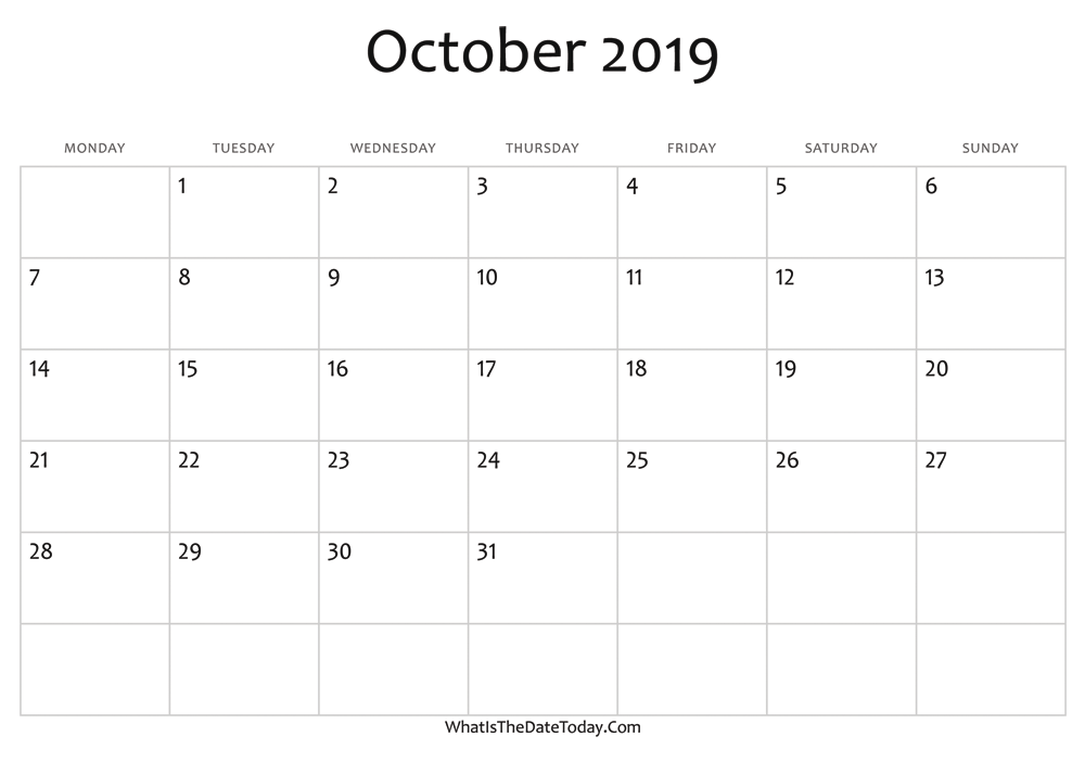 blank october calendar 2019 editable