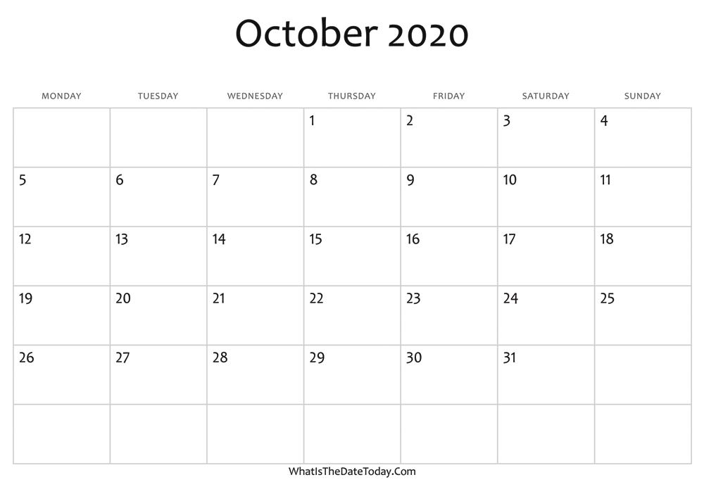 blank october calendar 2020 editable