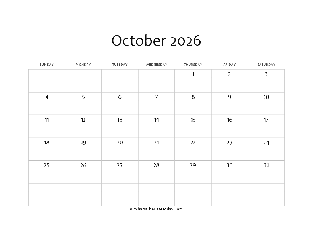 blank october calendar 2026 editable