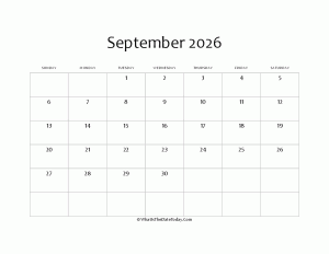 blank september calendar 2026 editable