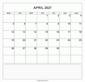calendar april 2027 with notes