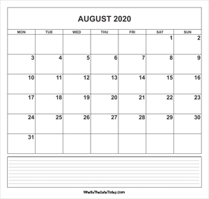 calendar august 2020 with notes