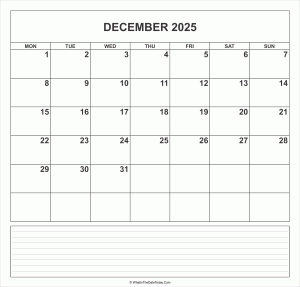calendar december 2025 with notes