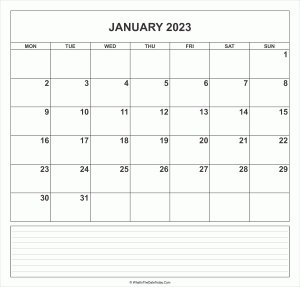 calendar january 2023 with notes