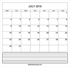 calendar july 2018 with notes