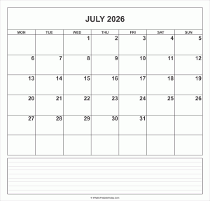 calendar july 2026 with notes