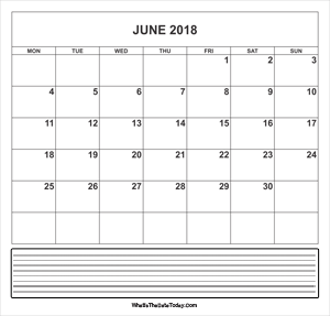 calendar june 2018 with notes