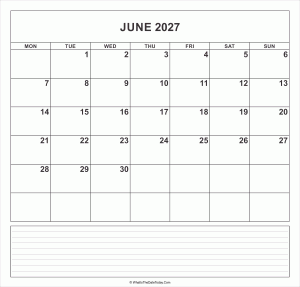 calendar june 2027 with notes