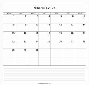 calendar march 2027 with notes