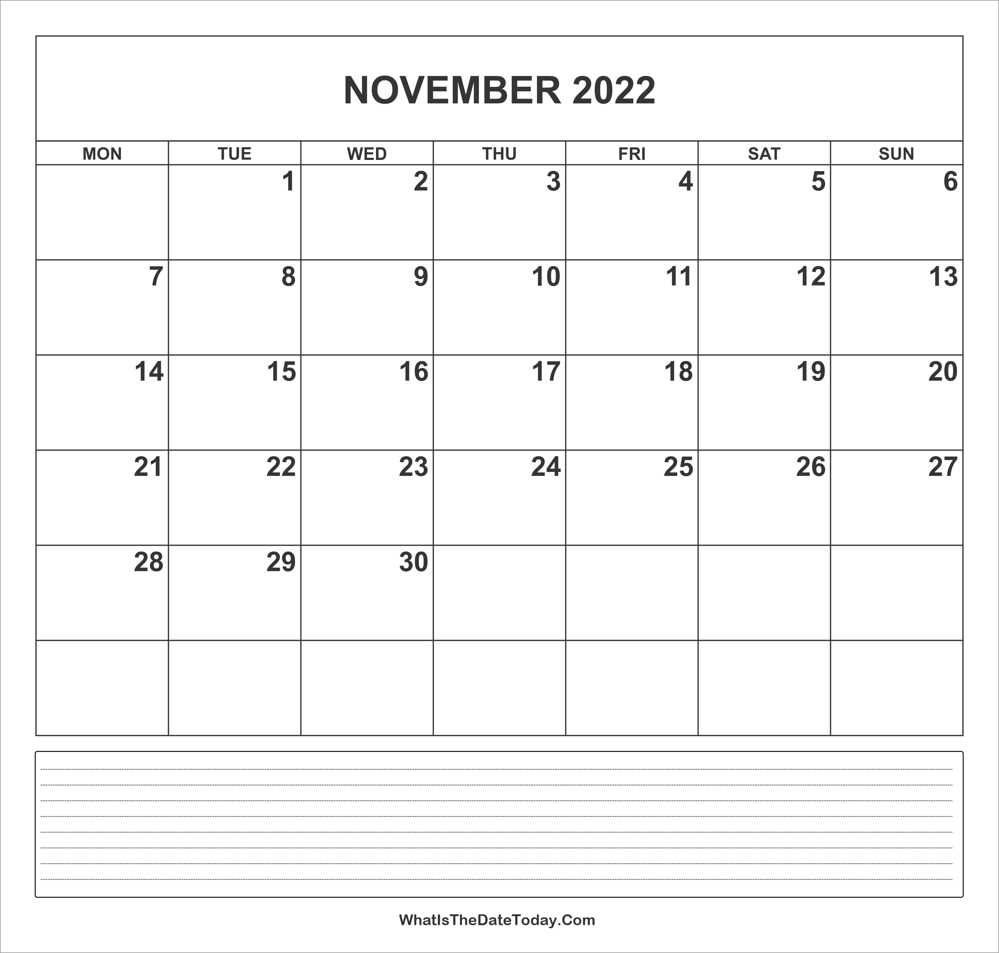 Nov Calendar 2022 Calendar November 2022 With Notes | Whatisthedatetoday.com